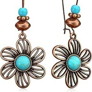 Boho Dangle Drop Floral Earrings Flower Bohemian w Turquoise Fashion Necklace